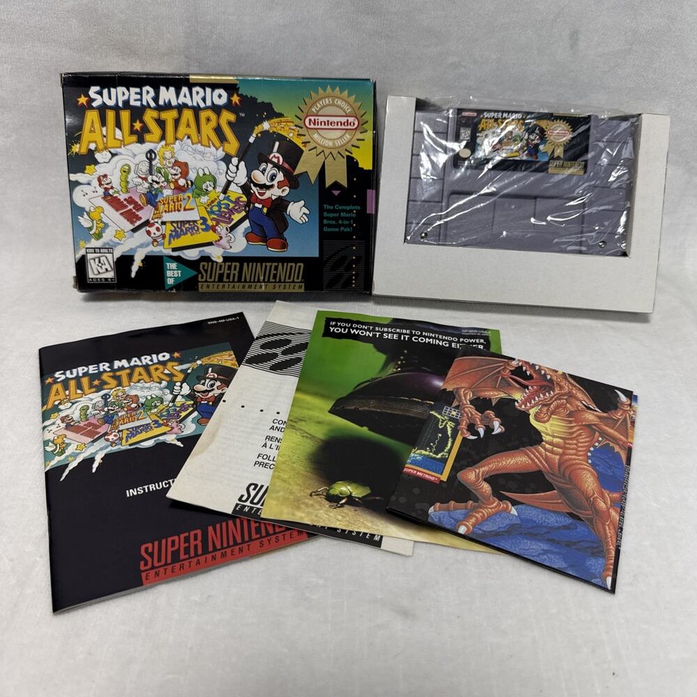 Super Mario All Stars (Super Nintendo SNES) Complete in Box CIB Inserts Poster